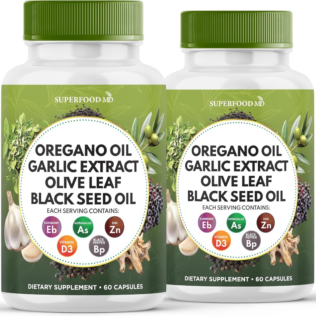 Oregano Oil, Garlic Extract, Olive Leaf, Black Seed Oil, Astragalus-Immune Support & Digestive Health Supplement for Women and Men-120 Count