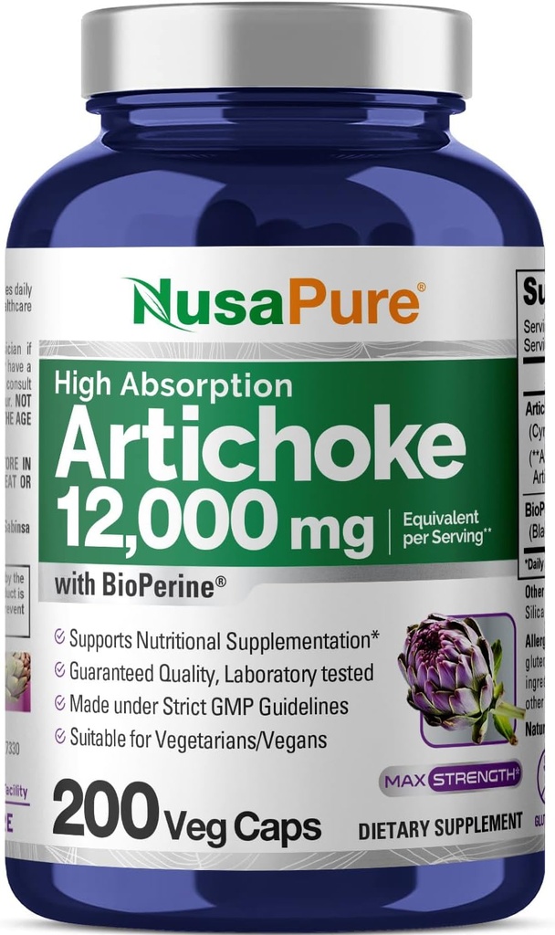 NusaPure Artichoke 20:1 Extract, 600 mg echivalent cu 12,000 mg 200 Veggie caps (non-GMO, Gluten Free)
