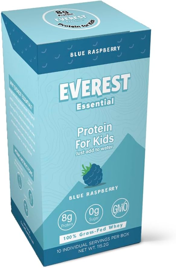 Everest Essential, Kid 's Clear Whey Protein Powder (Blue Raspberry, 10 Packets) Protein Drink Mix pro děti, Electrolytes for Kids, 8g Protein Per Serving, non GMO, Zero Add Sugar