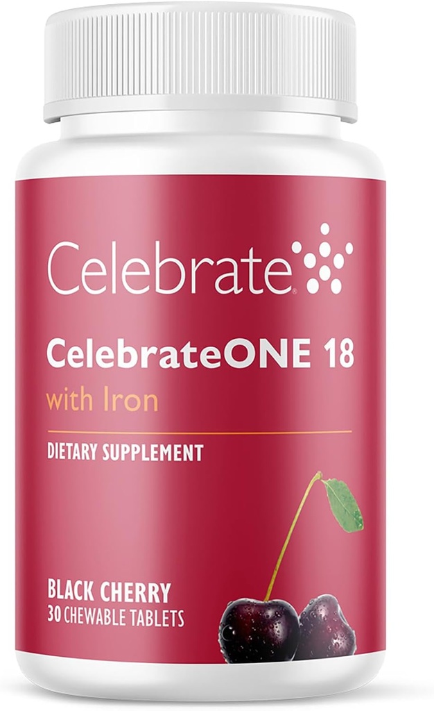 Celebrar las vitaminas CelebrarONE 18 Chewables, 18 mg de hierro - Una vez Bariatric Multivitamínico, Vitaminas Esenciales & Minerales - Gastric Bypass &amp; Sleeve Gastrectomy Suplemento - Cereza Negra (30 Tabletas)