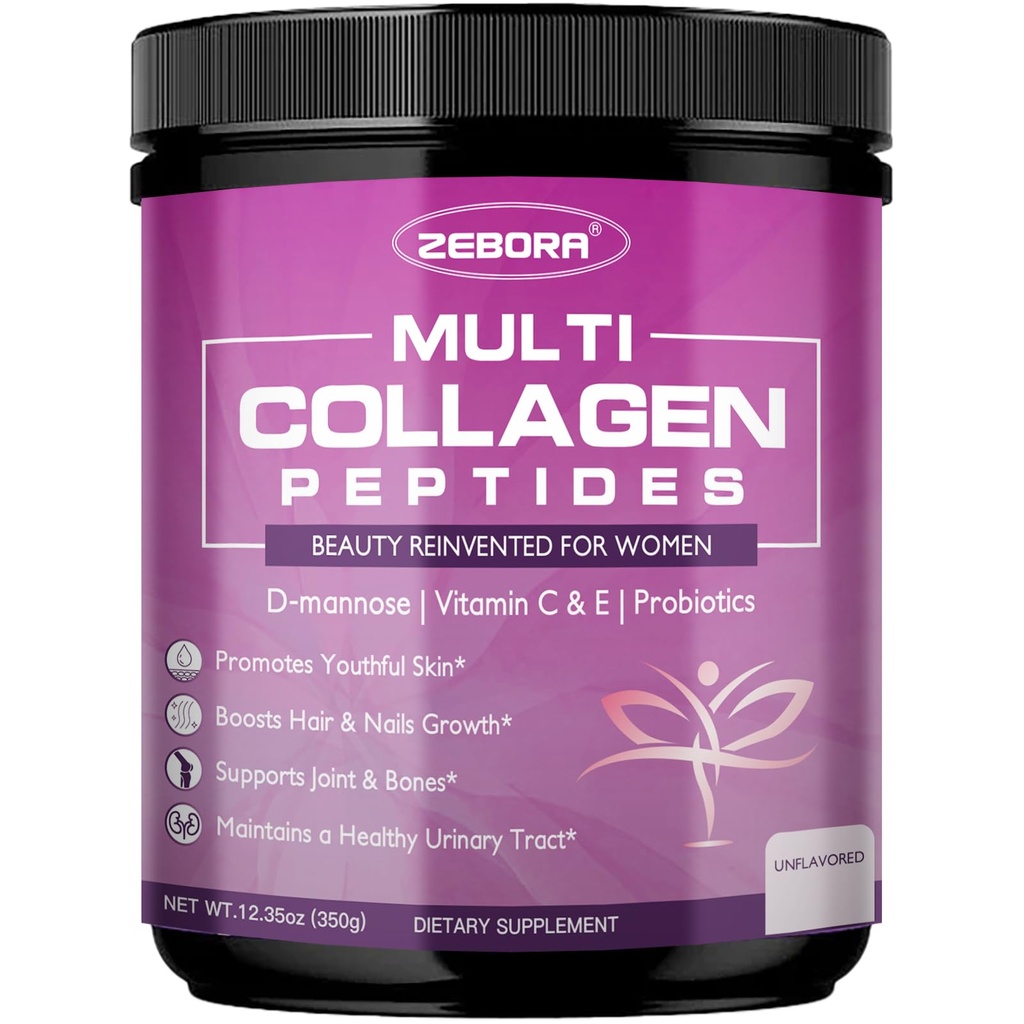 ZEBORA Multi Collagen Peptides Powder for Women - Hydrolyzed Collagen Peptides with D-Mannose & Women's Probiotics - Supports Skin, Hair, Nails, and Urinary Tract Health, Unflavored, 35 Servings