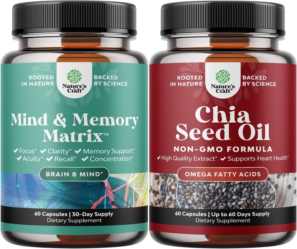 Bundle of Advanced Brain Addition with Nootropics for Memory, Focus, Clearity, Energy and Chia Seed Oil Extract Capsules with Plant Based Omega 3 6 9 and Fiber for Heart, Digestive & Имунна поддръжка