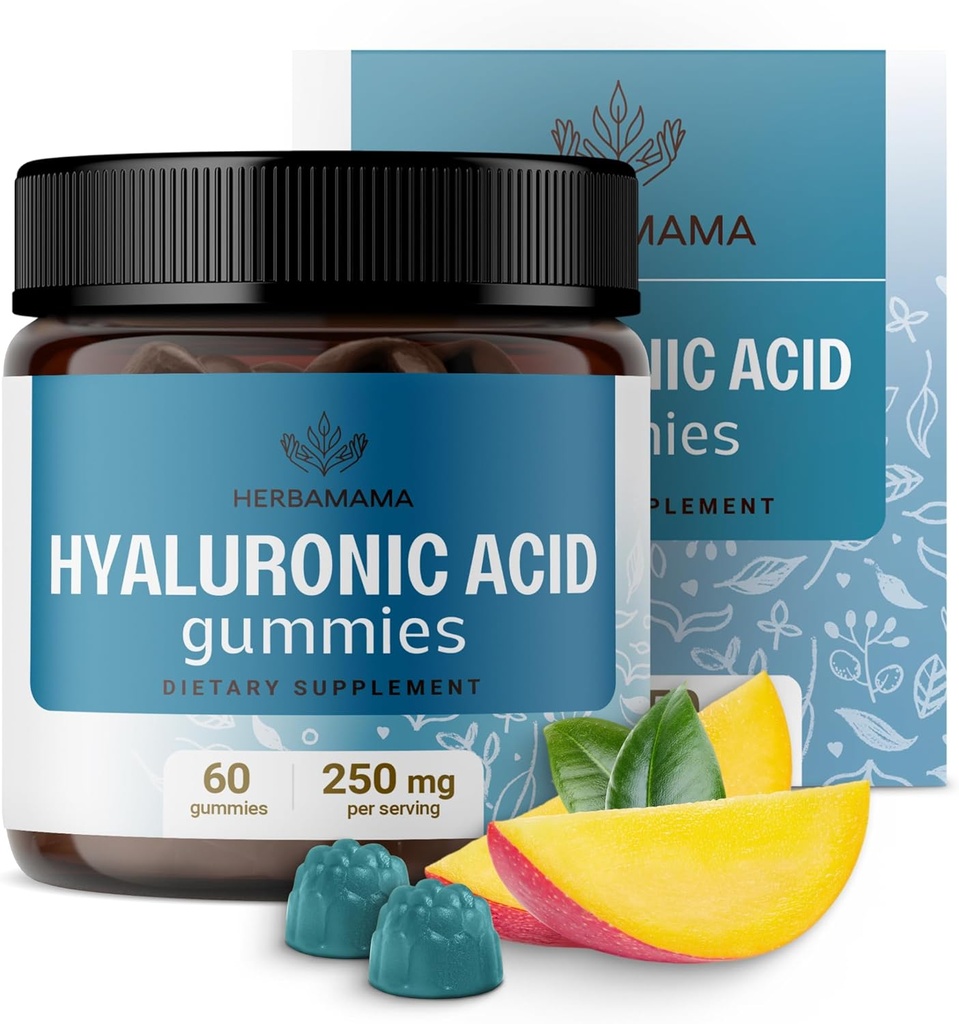 HERBAMAMA Hyaluronic Acid Gummies - 250mg Azido Hialuronikoa Ilerako, Azala eta Nails euskarria - Vegan, GMO Skin Elasticity Supplement - 60 Pectin-Based Mango-Flavored Chews