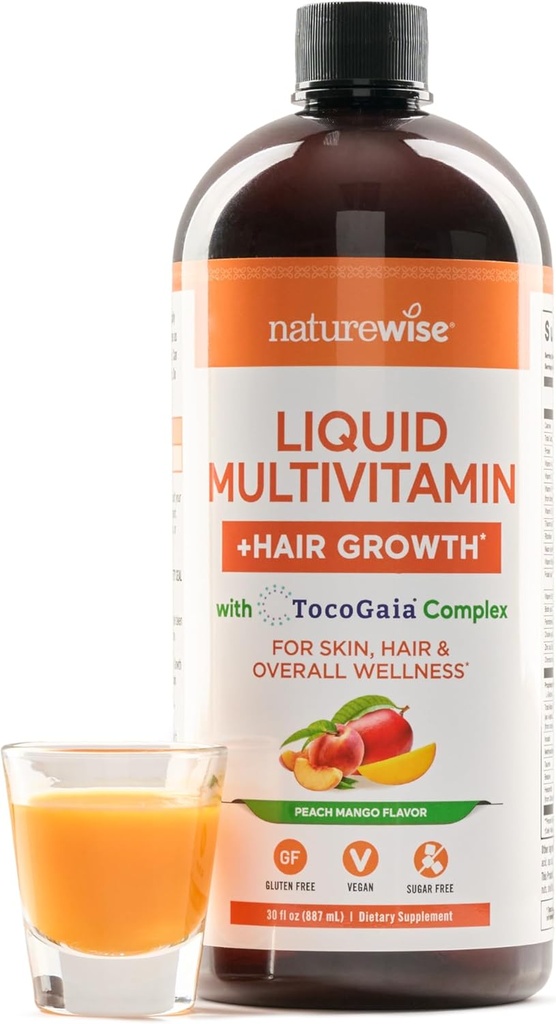 NatureWise Liquid Multivitamina Crecemento de cabelo para mulleres e homes + Tocogaia® para o crecemento do cabelo ea elasticidade da pel + Biotina, vitamina D, E, B - Sugar Free Multivitamínico, Vegan - 30 fl oz[30 Servizos]