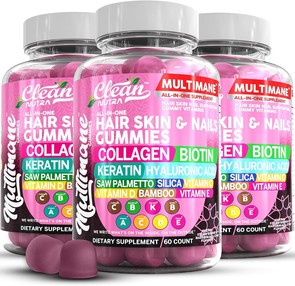 Multimane Collage Gummies med Biotin Keratin Hyaluronsyre Bamboo Vitamin A C vitamin D Vitamin E Folate Sag Palmetto Silica B3 vitaminer Håret og negler Gummies av Clean Nutra