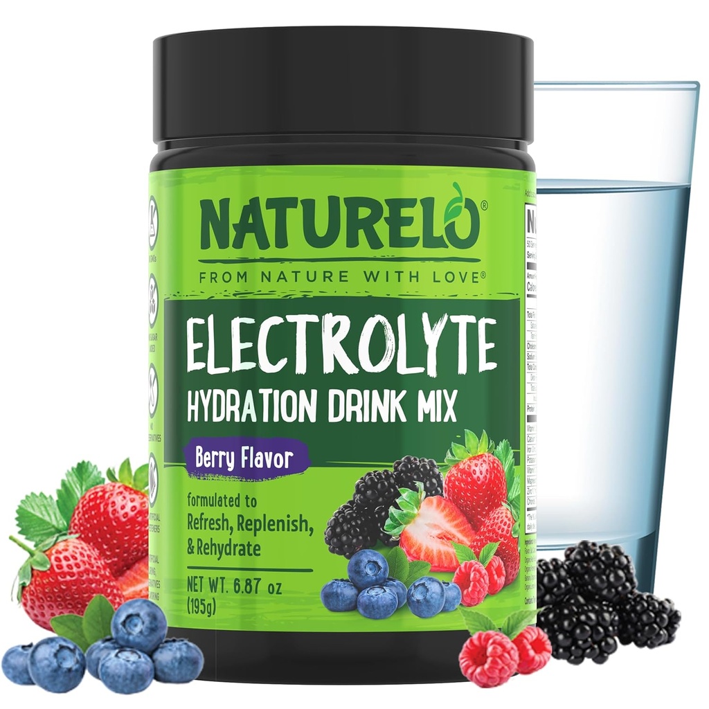 NATURELO Electrolyte Powder, Hydration and Mineral Drink Mix, Sugar Free " Non-GMO Berry Flavor 50 Servings