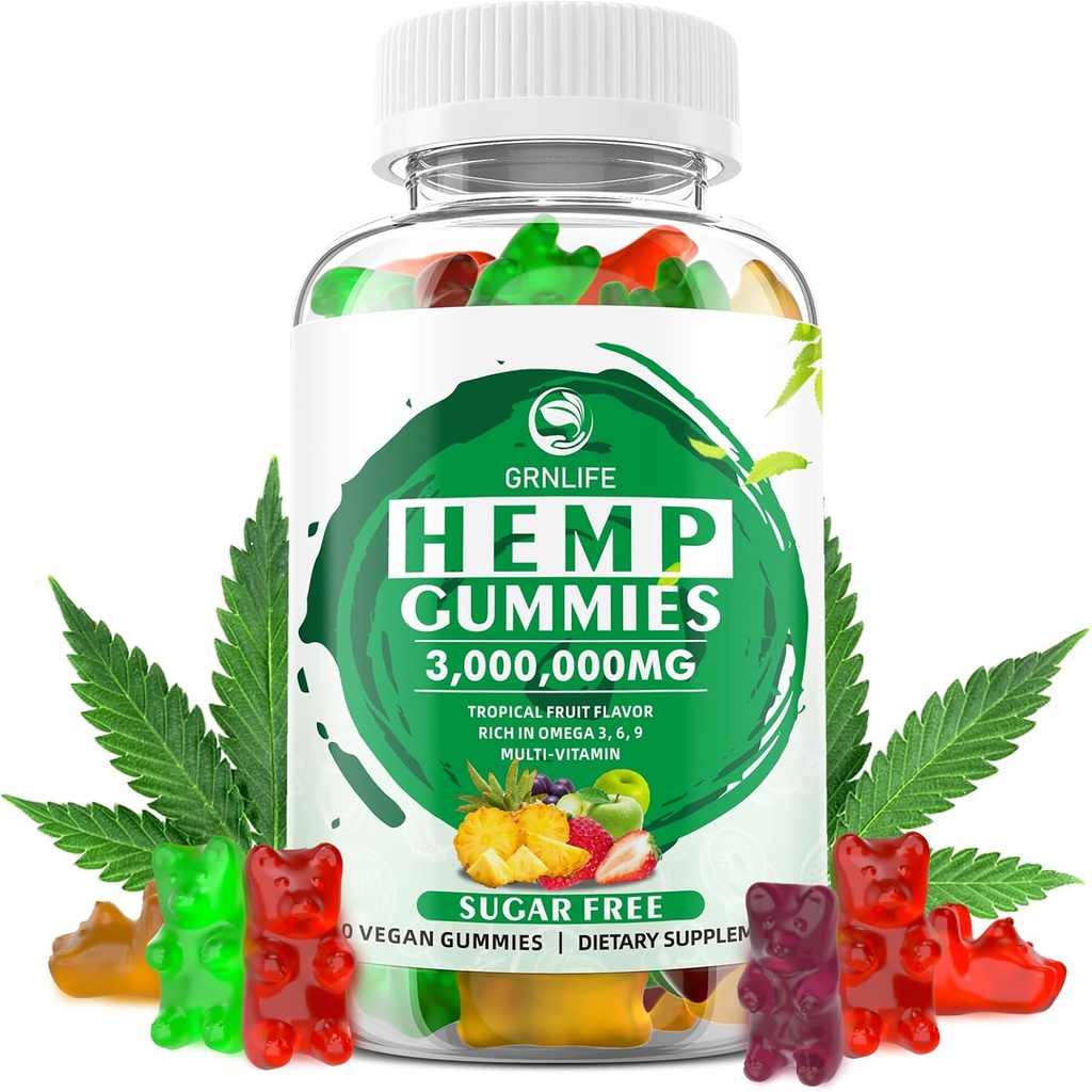 Hemp Gummies z visoko trdnostjo Pure Hemp Oil Extract, 3000000mg ekstra moč Hemp dopolnila, 100% naravna Hemp Gummy za mir in sprostitev, Non-GMO, Sladkor brez, 60 Count