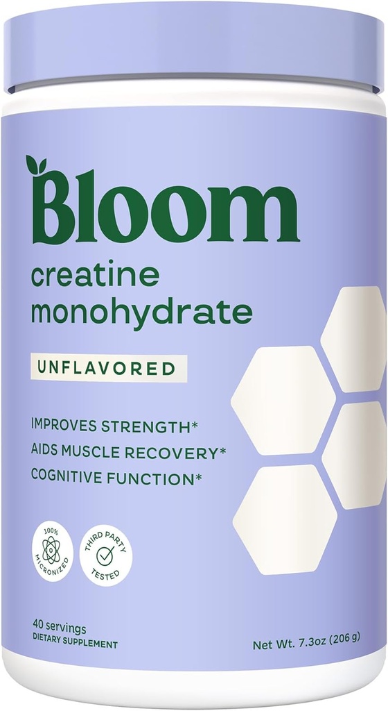 Bloom营养 Creatine 单水合物粉末,每服5g 微量化Creatine,支持肌肉复苏,强力,耐力,前或后工作,无胶质自由,非转基因生物,无胶质,40 SVG,7.3 oz