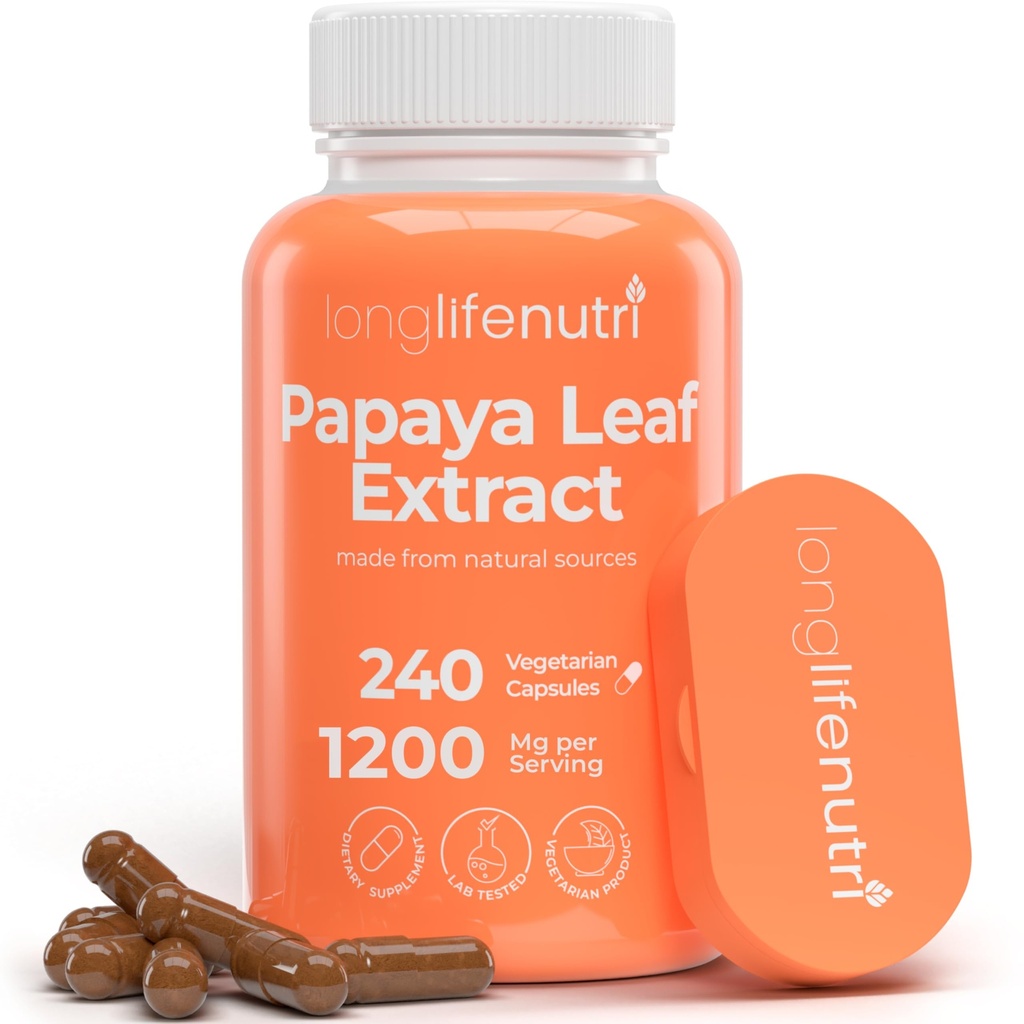 LongLifeNutri Papaya Leaf Extract Supplement 1,200mg per Serving - 240 Vegetarian Capsules, 4-Month Supply, from Carica Papaya for Daily Wellness, GMP Certified, Made in USA
