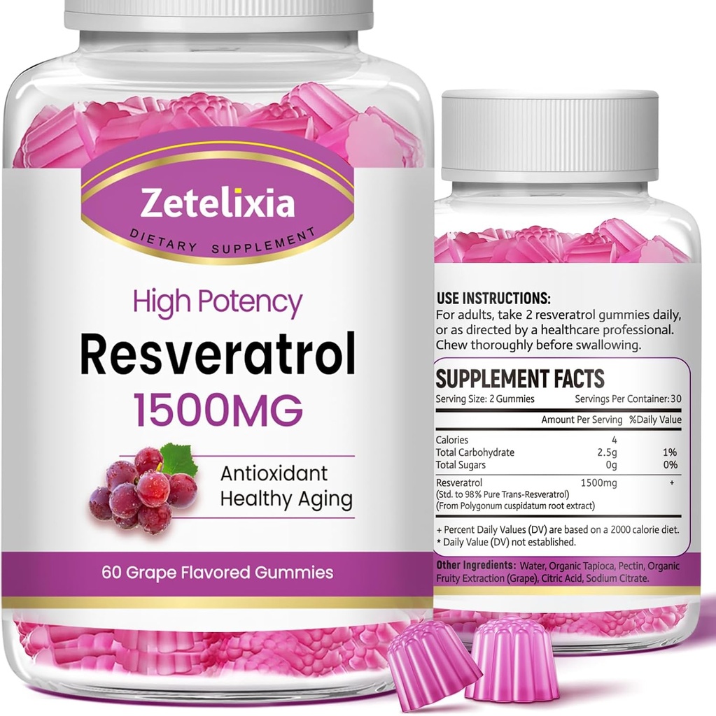 Sugar Free Resveratrol Gummies - Hög Purity Resveratrol Supplement för antioxidant, hälsosam åldrande, hud, hjärna, organisk - 120 Gummies