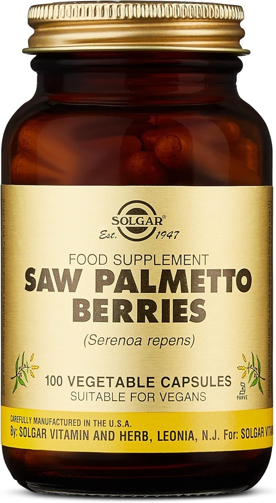 Solgar Saw Palmetto Berries, 100 Vegetable Capsules - Men 's Health - Full Potency - Non-GMO, Vegan, Gluten Free, Dairy Free, Kosher - 100 Servis