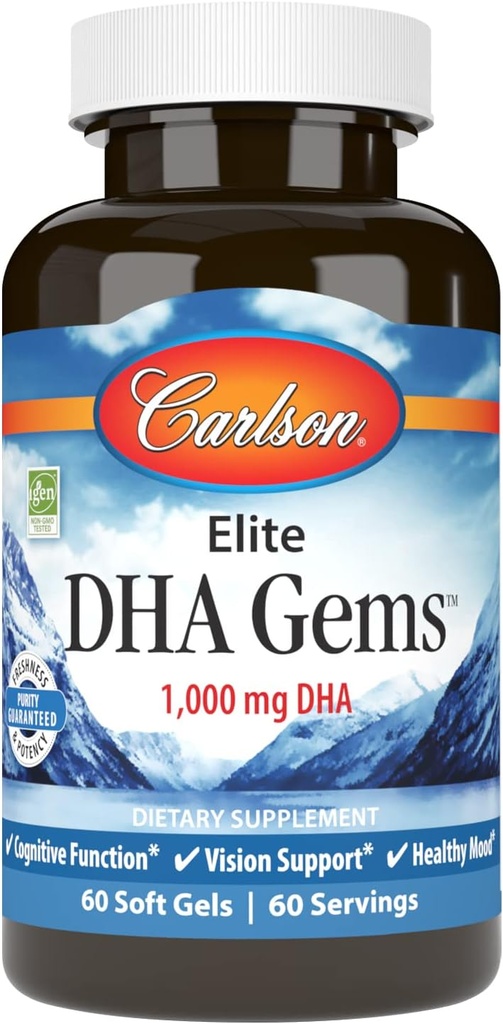 Carlson - Elite DHA Gems, 1000 mg DHA, Wild Caught, Sustainablely Sourced, Brain Function & Healthy Vision, 60 Softgels