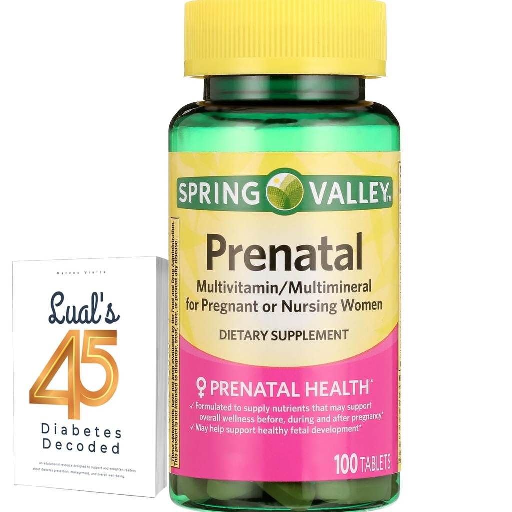 Spring Valley Prenatal Multivitamin 100 Tablets, Prenatal Vitamins for Women, Pregnancy Must Haves Folate Supplement, Bundle with Luall's 45 Diabetes Decoded