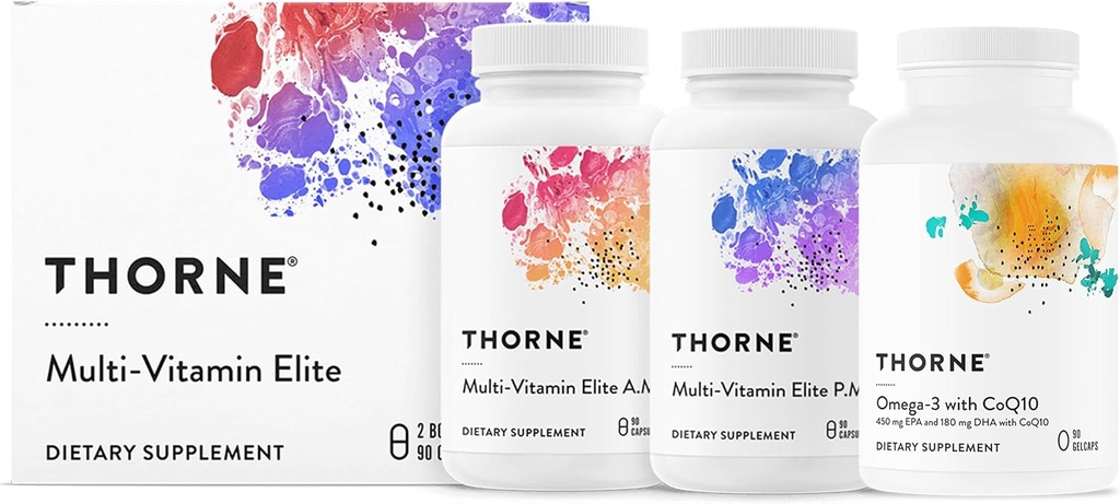 THORNE – Dnevna hranila – multivitaminska elita in omega-3 s CoQ10-30 do 90 servisi