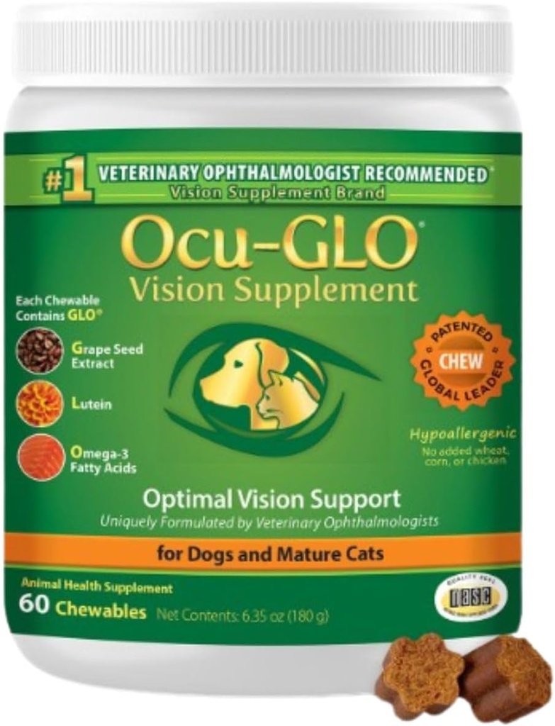 Ocu-GLO Cat & Dog Senior Supplement for Eye Support - Chewable Vision Vitamins Supplements for Large and Small Pets Care with Lutein, ácidos graxos Omega-3, extracto de sementes de uva e antioxidantes