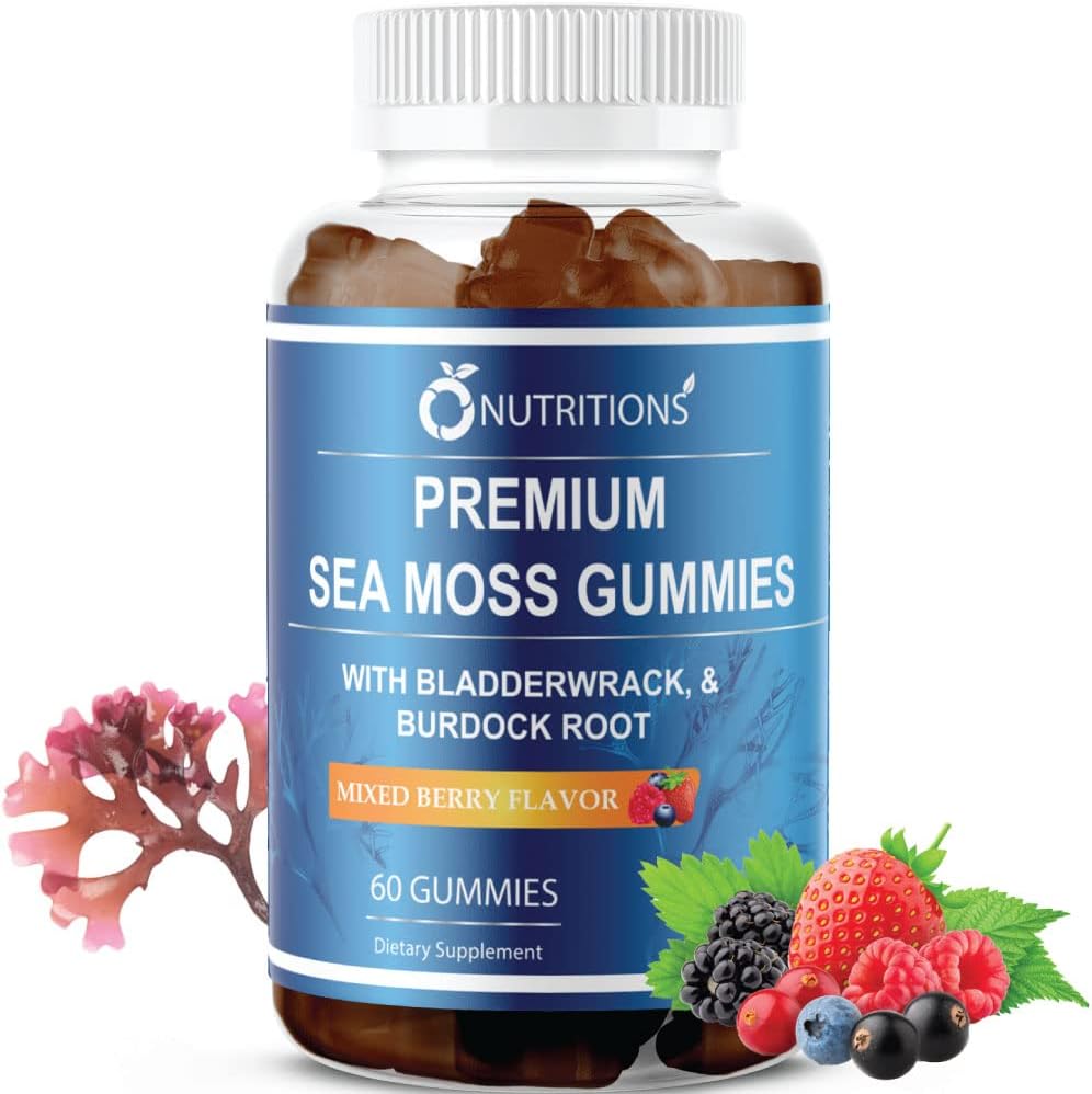 O NUTRITIONS Premium Sea Moss Gummies Made with Irish Sea Moss, Burdock Root, og Bladderwrack -Seamoss Raw Alkaline Supplement