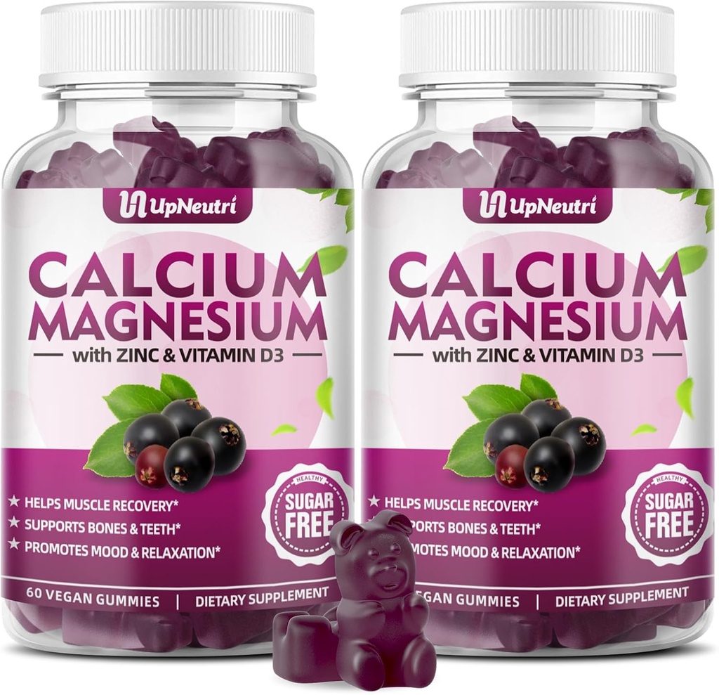 Kalsium Magnesium Zinc dengan suplemen Vitamin D3, Sugar Free Calcium Gummies untuk Pria Perempuan, Zinc Gummies Tinggi untuk Bone & Muscle & Ammune Health, Vegan Elderberry Flavor - 120 Count