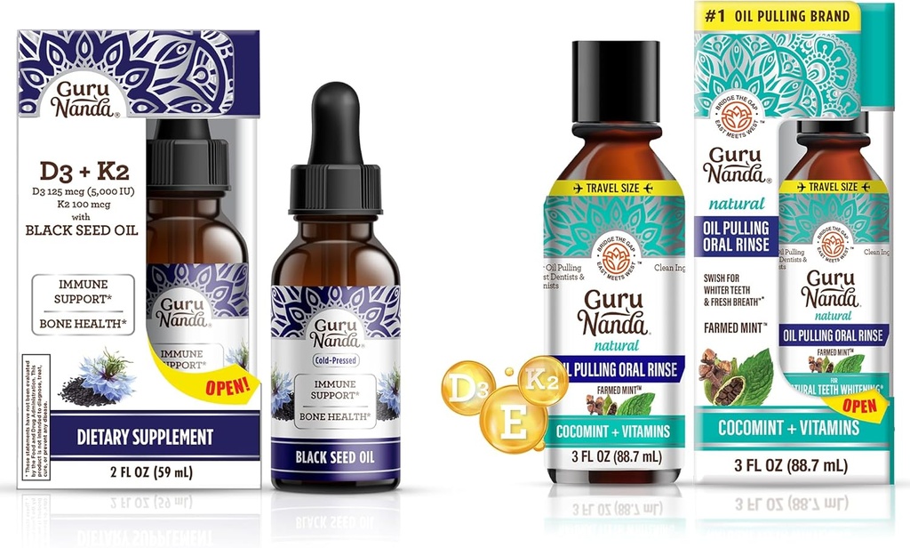GuruNanda Black Seed Oil 5000 IU vitamin D3, K2 & E + Kokosolje Pulling med essensielle oljer vitamin D3, E, K2 for immunstøtte, oral hygiene