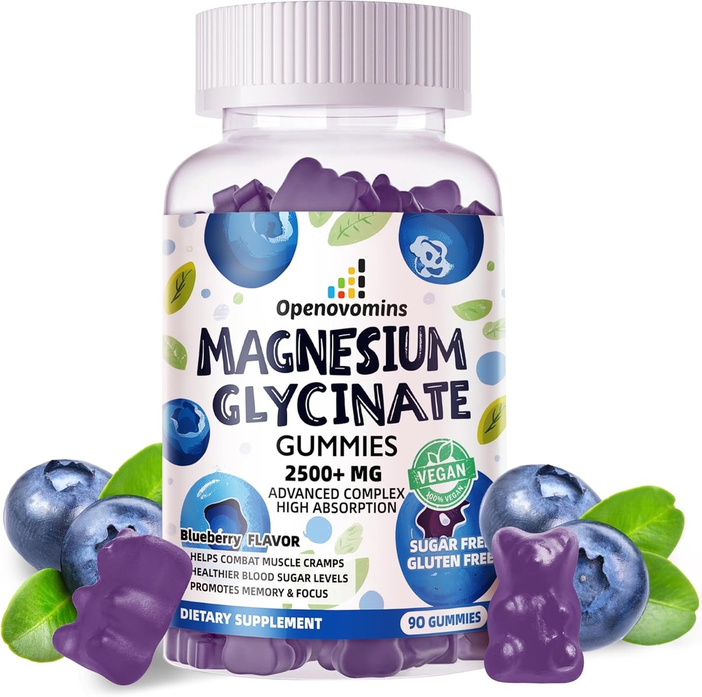 Magnesio Glycinate Gummies 2500mg - Zucchero Gratuito Magnesio Potassio Supplemento con Vitamina D, B6, CoQ10 per Calma Mood & Sleep Support - 90 Blueberry Gummies