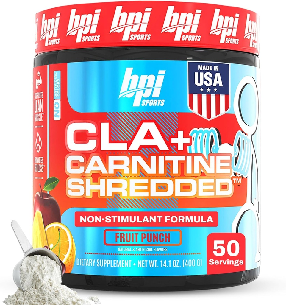BPI Sports CLA + Carnitine Shredded - Pretvorite maščobne celice v energijo in podpira Lean Muscle, Boost Presnova - Nestimulant L-Carnitine dodatek - Sadje Punch (14,1 oz. / 50 Servings)
