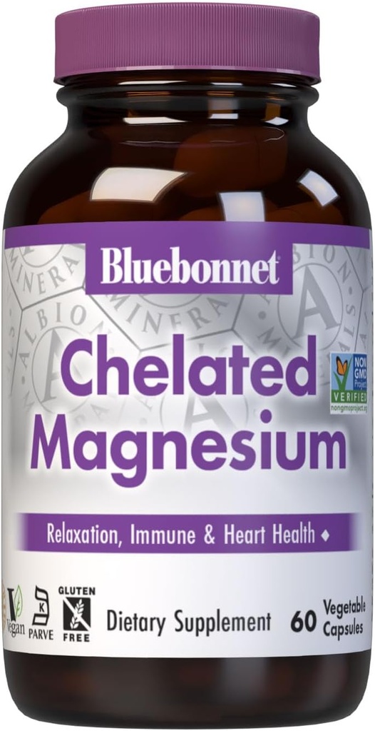 Bluebonnet Nutrition Albion Chelated Magnesium Vegetable Capsule, 200 mg, Stress Relief, Vegan, Non GMO, Gluten Free, Soy Free, Milk Free, Kosher, 60 Vegetable Capsule, 1 månads leverans