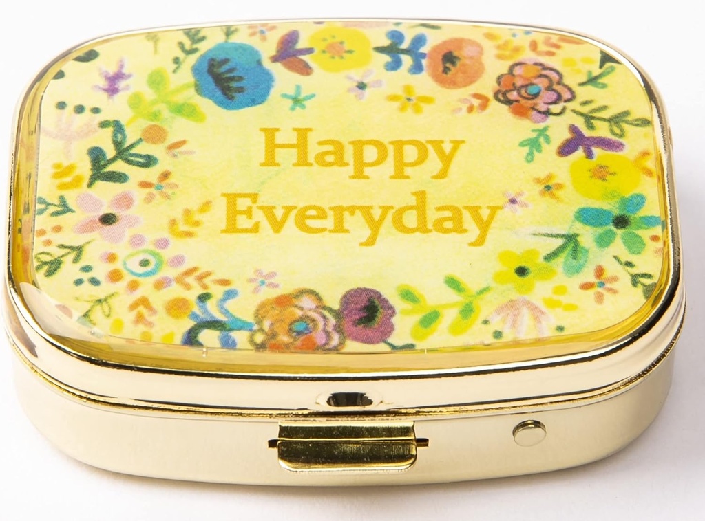 AmyZone Metal Pill Organizer Reizen Vriendelijk Portable Compact Pill Box Cute Pill Case te houden Vitaminen / Tylenol / Visolie / Hulpmiddelen/Tablet voor Purse / Pocket(Happy Everyday)