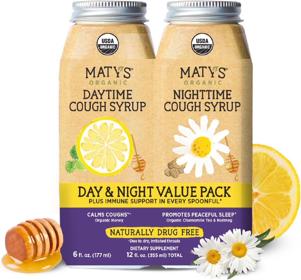 Matys Organic Adult Cough Syrup Day & Night Value Pack per Adulti & Bambini 12 anni + Su, Soothing Daytime & Nighttime Cough Relief w / miele organico & Zinc, Alcohol & Drug Free, 2 Pack, 6 Fl Oz