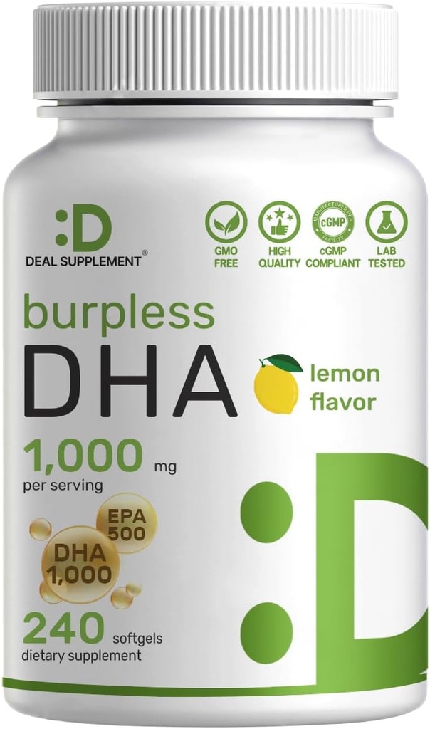 DHA Suplementos Ø 240 Softgels, Burpless, Lemon Flavor, DHA 1000mg + EPA 500mg, Wild Caught Fish, Rich in Omega-3s, Mercury Free, Non-GMO, Support Brain Heart &amp; Joint Health