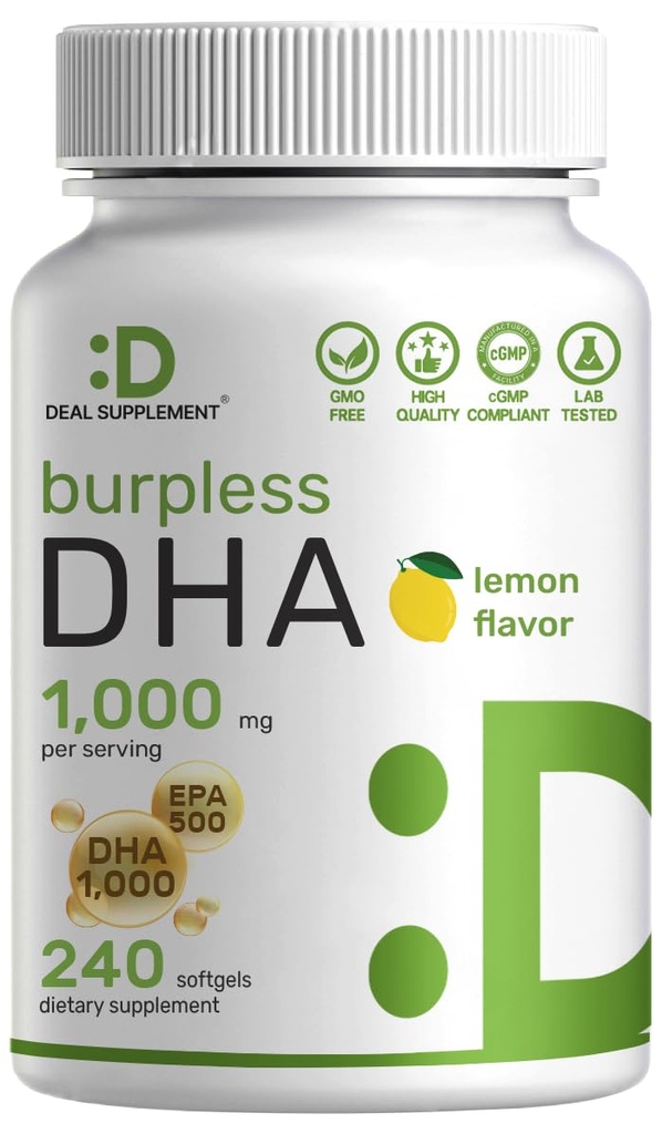 DHA Supplements | 240 Softgels, Burpless, Lemon Flavor, DHA 1000mg + EPA 500mg, Wild Caught Fish, Rich in Omega-3s, Mercury Free, Non-GMO, Support Brain Heart & Joint Health