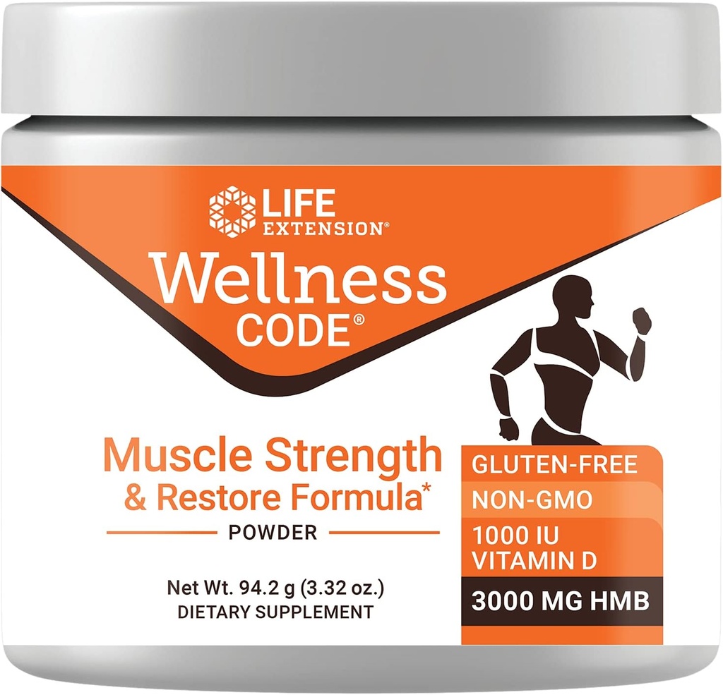 Extensión da vida Wellness Code® Forza muscular & Restaurar Fórmula, vitamina D3, ß-Hydroxy-ß-Metilbutirato Monohidrato (HMB), Saúde muscular, Gluten Free, Non-GMO, 94,2 g