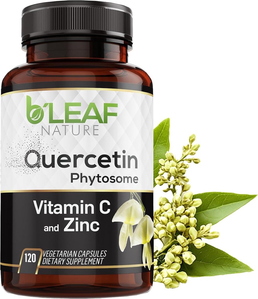 B'LEAF NATURE Quercetin Phytosome, 120 캡슐 - 비타민 C와 아연을 가진 1000mg 높은 흡수 Quercetin - 면역, 에너지, 뇌 및 계절 지원을 위한 비 GMO 채식 Quercetin 보충교재