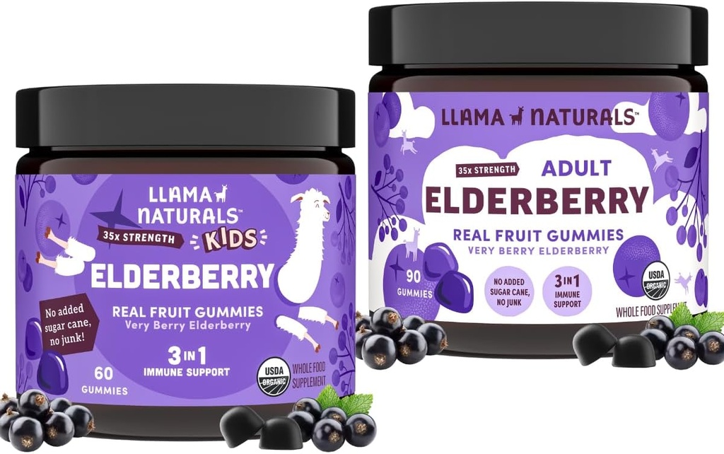 Llama Naturals Real Fruit Sambucus Elderberry Gummies lapsille ja aikuisille Ei lisätty sokeriruoko, vegaaninen, orgaaninen immuuni tuki ... Sinkki & luonnollinen C-vitamiini ...