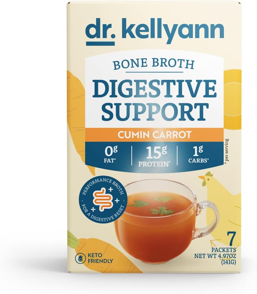 Dr Kellyann Bone Broth + Digestive Support Collagen Pakiety proszkowe (7 Słupki, 1 Pudełko), 16 g Protein / Serving, 100% Grass- Fed Zhydrolizowany Collagen Proszek, Keto & Paleo Friendly - Cumin Carrot