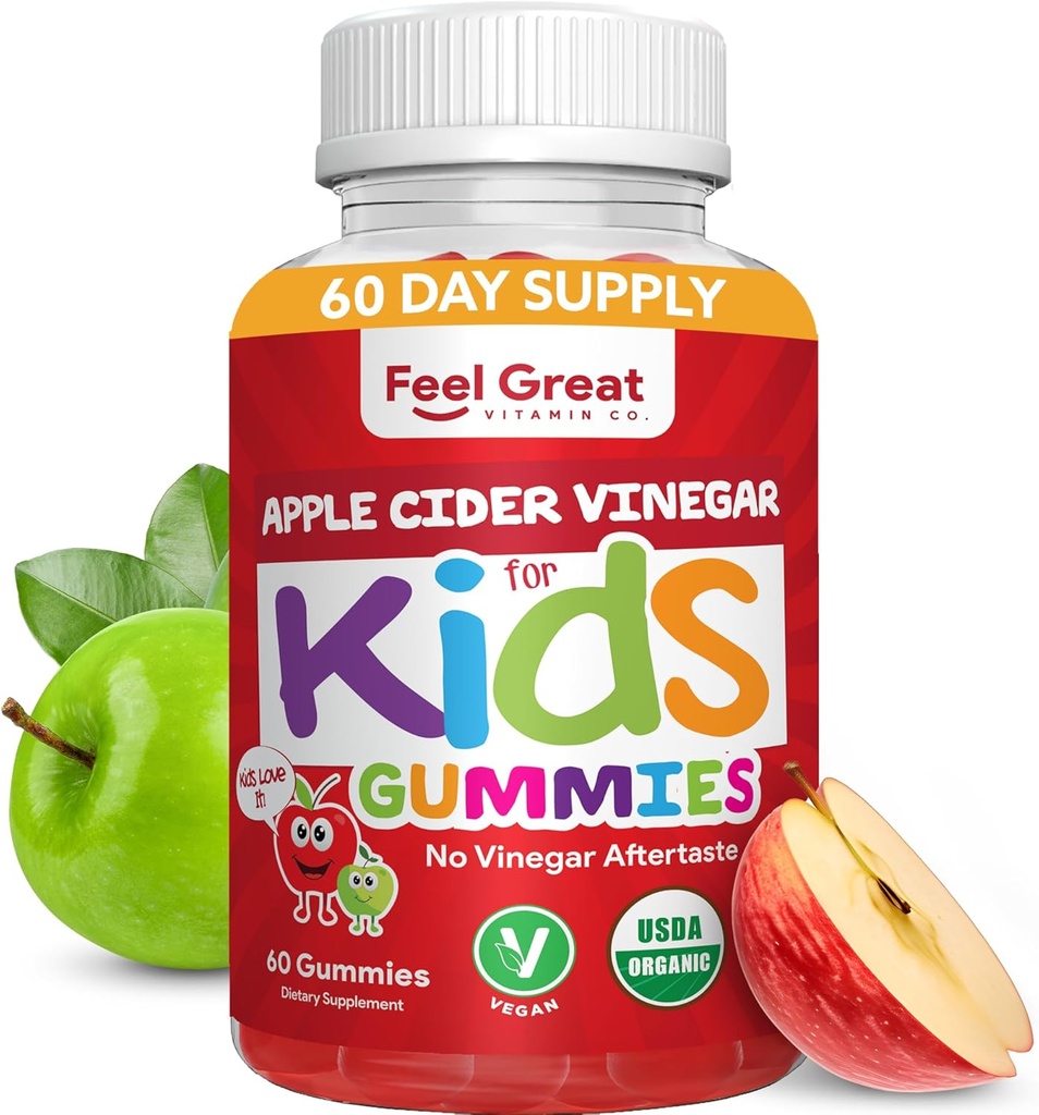 Organic Kids Apple Cider Vinegar Gummies por Feel Great Vitamins | Rich in Digestive Enzymes & Natural Antioxidants for Gut Health | Kids Gummy admite absorción de nutrientes saudables | 60 Day Supply