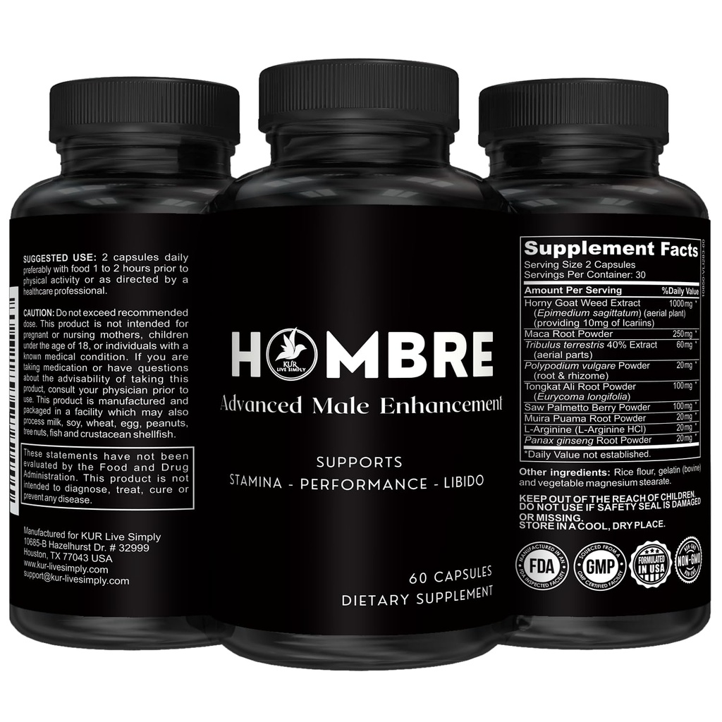 Hombre Male Enhancing Supplement – Add 2 in 60 Days With Our Enlargement Pills for Men Muscle Growth – Increase Size, Strength, Stamina – Endurance, Performance, Energy Booster - 60 Capsules