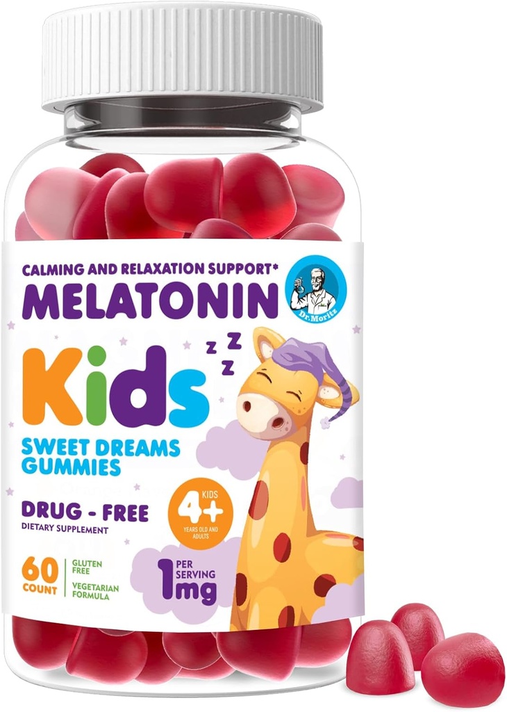 Dr.Moritz Melatonin Gummier for barn og voksne (Ages 4+) - Naturlig Berry Flavor, Gentle Sleep Aid & Nighttime Support, Naturlig Kids Sleep Aid Gummies, 60 greve