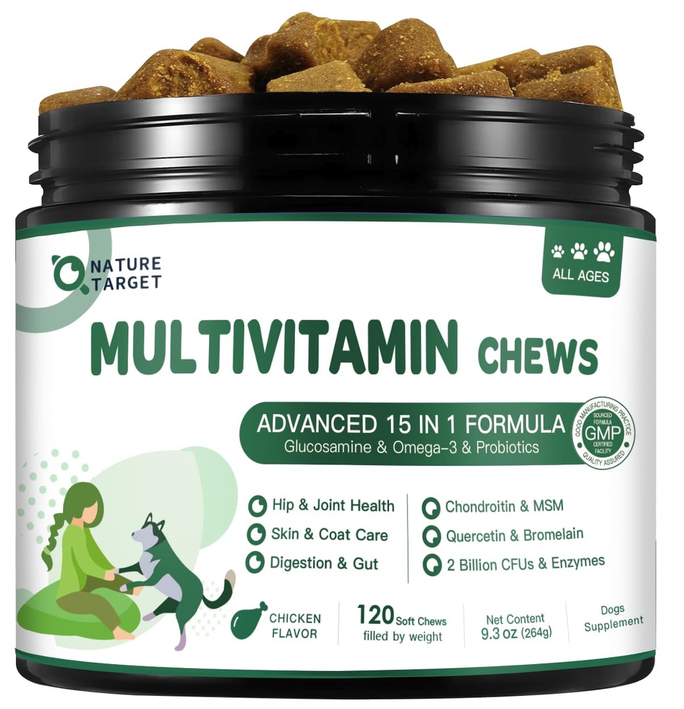 NATURE TARGET Multivitamin for Dogs - with MSM & Glucosamine, Omegas 3 & 6, Probiotics for Digestive Health, Joint Support, Skin & Coat, Immune System & Overall Health 120 Soft Chews