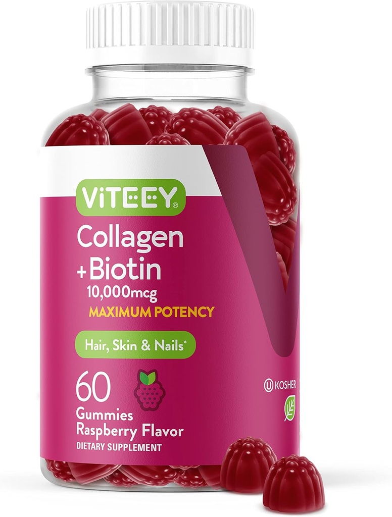 Viteey Collagen Gummies s biotín Gummies pre vlasy kože a nechtov Vitamíny - Biotín a kolagén doplnky pre ženy a mužov - Vegan, Gluten-Free 