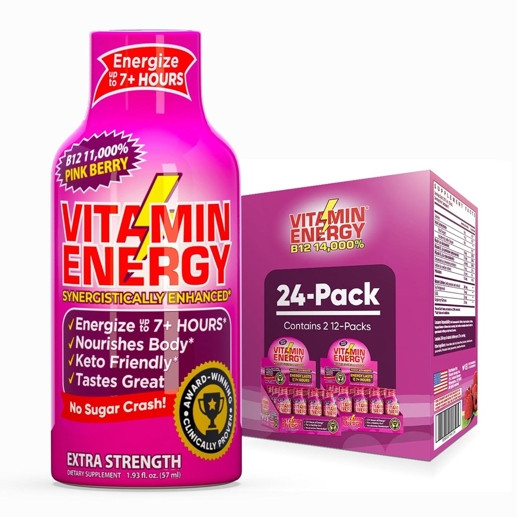 Energia Vitamina B12 11,000% Energia Extra Força Shot Pink Berry 24 Pack, 260mg Cafeína Natural, B12 & B6, Foco Nootrópico, Vitalidade, Açúcar Zero, Sem glúten, Vegan, Kosher, 1,93 fl oz