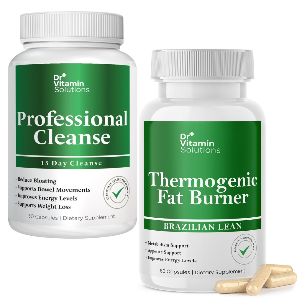 DR VITAMIN SOLUTIONS Professional Detox Cleanse and Thermogenic Fat Burner Bundle - 15 Day Cleanse for Weight Management, Gut Health, and Bloating Relief - 90 Caps