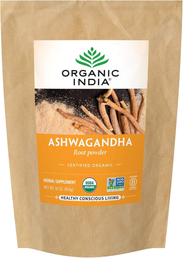 ORGANIC INDIA Ashwagandha Powder Organic - Ashwagandha Root Powder Bulk, Herbal Supplement - Vegan, Gluten-Free, Kosher, Non-GMO, stöder stressavlastning, energi och sömn - 1lb Bag