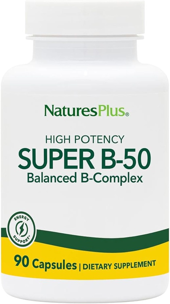 Natures Plus Super B50-90 Vegetariske kapsler - høy potens B kompleks vitamin Supplement - hjerne og energi øker - Glutenfri - 90 Services
