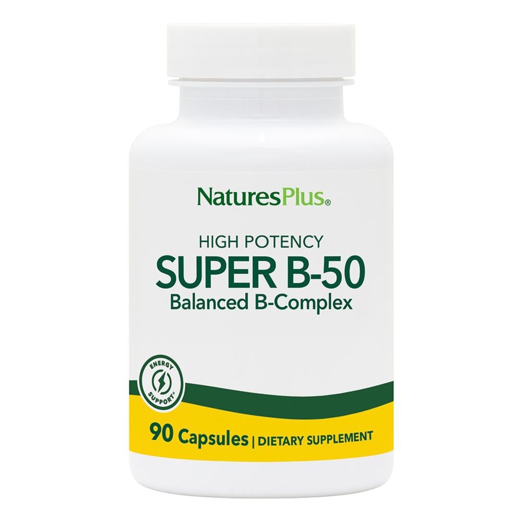 NaturesPlus Super B-50 - High-Potency B Complex Vitamin with Choline, Inositol & PABA - Supports Energy, Recovery & Healthy Skin and Hair - Vegan, Gluten Free - 90 Capsules, 90 Servings