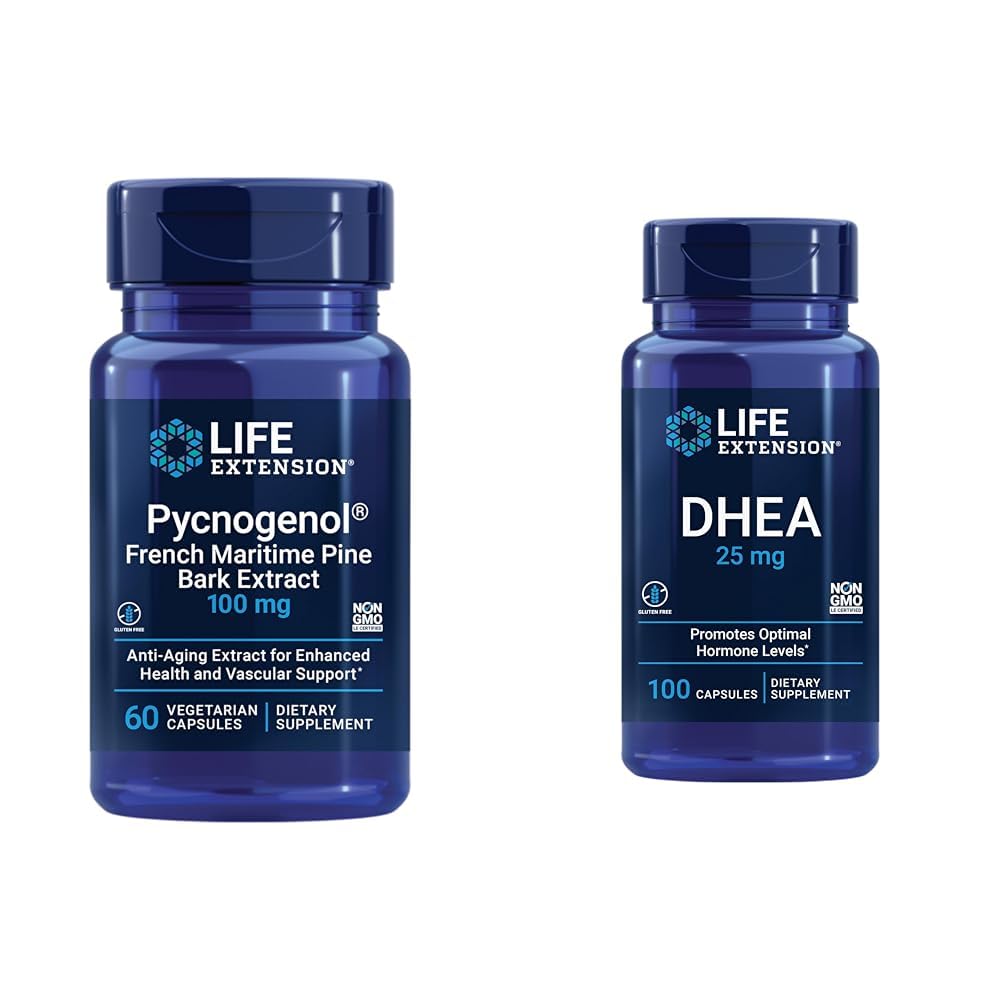 Life Extension French Maritime Pine Bark Extract with DHEA Hormone Balance - 60 Capsules Pycnogenol & 100 Capsules DHEA 25mg
