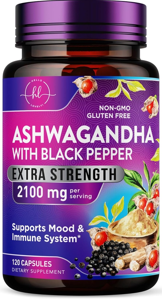 Ashwagandha 2,100 mg - 분말 & 뿌리 추출물을 가진 Veggie 캡슐에 있는 여자를 위한 Ashwagandha 보충물, 높은 흡수를 위한 까만 고추, 근거한 식물, 미국에서 병에 넣어지는 비 GMO - 120 Veggie 캡슐