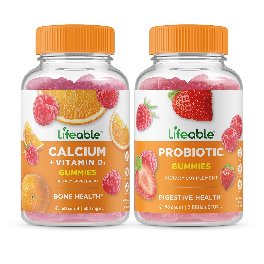 Lifeable Calcium with Vitamin D + Probiotic 2 Billion CFU, Gummies Bundle - Great Tasting, Vitamin Supplement, Gluten Free, GMO Free, Chewable