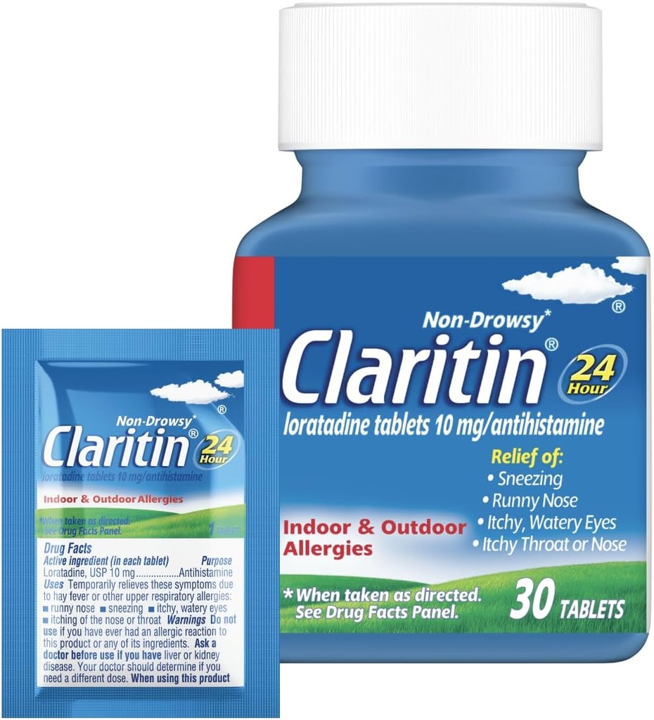 成人的Claritin过敏医学,24Hour Non Drowsy Loratadine 10mg Pills, Antihistamine, 30 片+ 1ct On-The-Go Relief