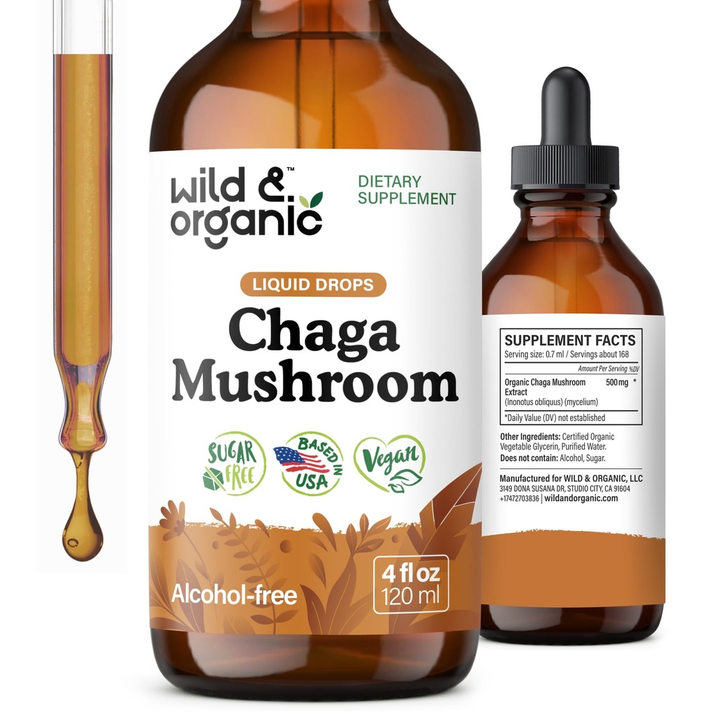 Wild & Organic Chaga Mushroom Supplement - Immune, Digestive & Energy Support - Fast Absorbing Chaga Tincture - Add to Tea Mushroom Extract Drops - Vegan, Sugar & Alcohol-Free - 4 fl oz