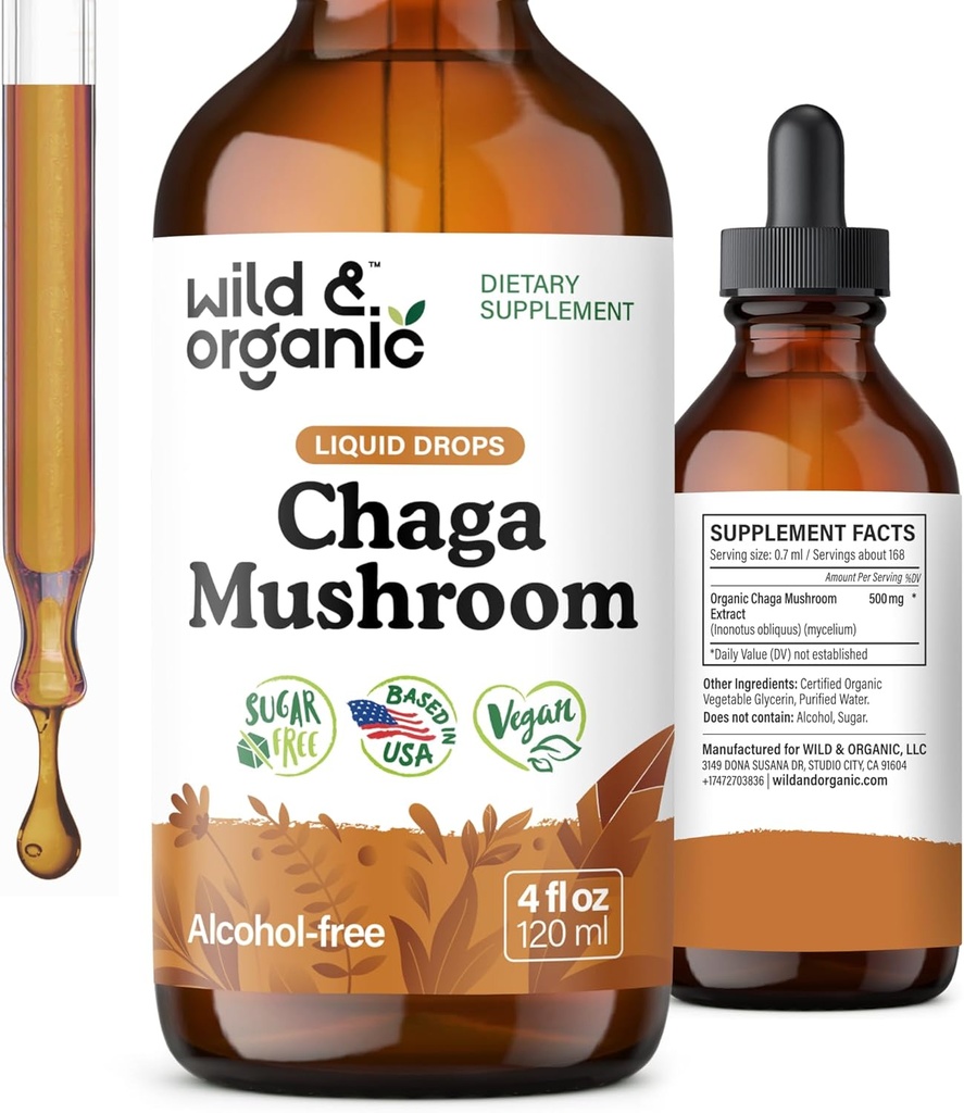 Wild & Organic Chaga paddo drops - Immune Support with Chaga Extract - Liquid Mushroom Supplement for Immunity - Vegan, Sugar & Alcohol-Free Tinctuur - 4 fl oz