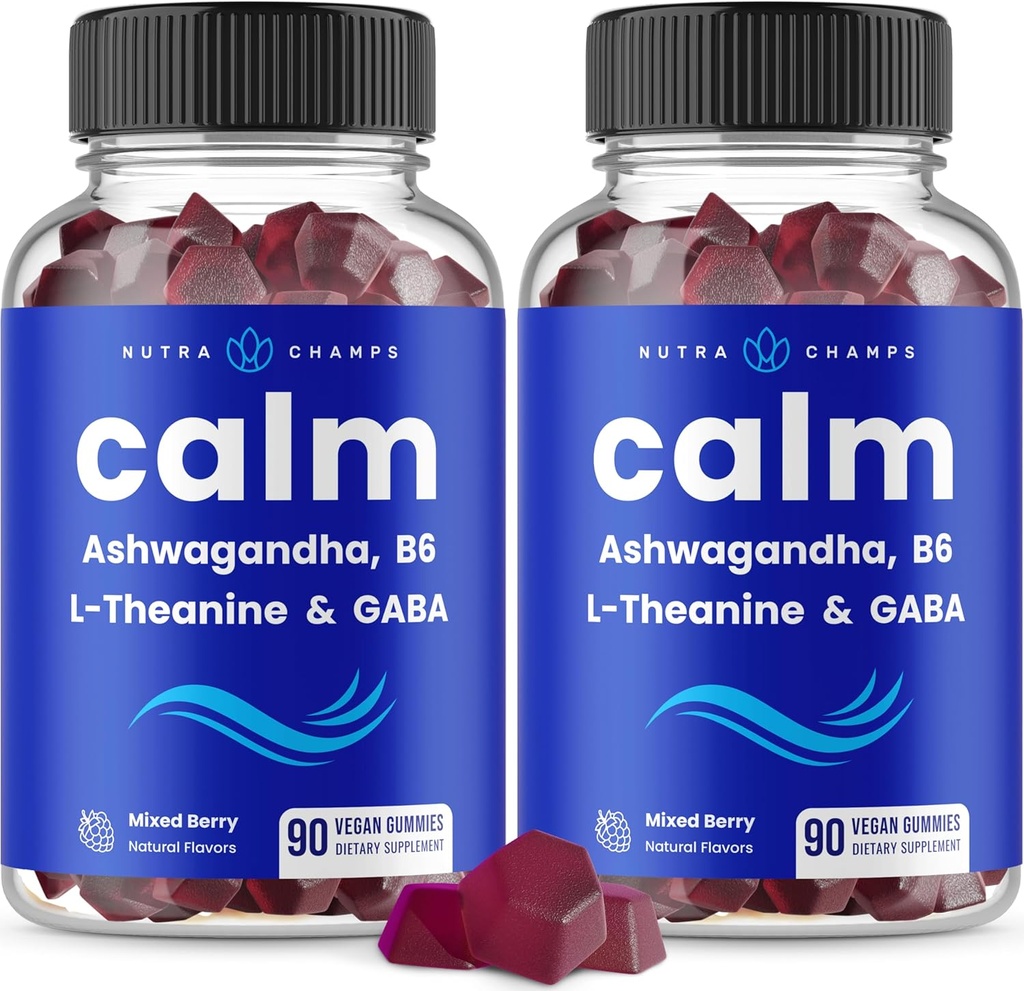 NutraChamps Calm Gummies, Stress Gummies Priedas su Ashwagandha, L- Theanine, GABA, Vitaminas B6 & Lemon Balm, 90 Gummies (Paketas 2)